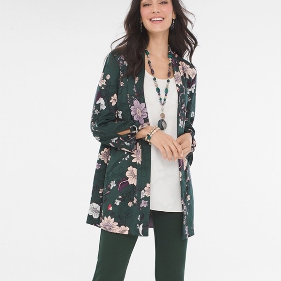 Chicos Green Floral Tie Sleeve Open Blazer Jacket - Picture 7 of 11